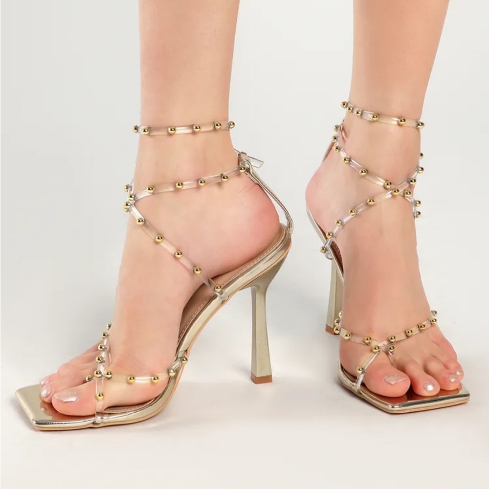 🚫SOLD🚫New Women’s Lulus Goosyy Gold Patent Studded High Heel Sandals size 8
